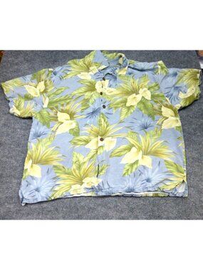 Hilo Hattie Mens Hawaiian Camp Shirt XL Blue Yellow Floral 100% Silk Casual Vaca